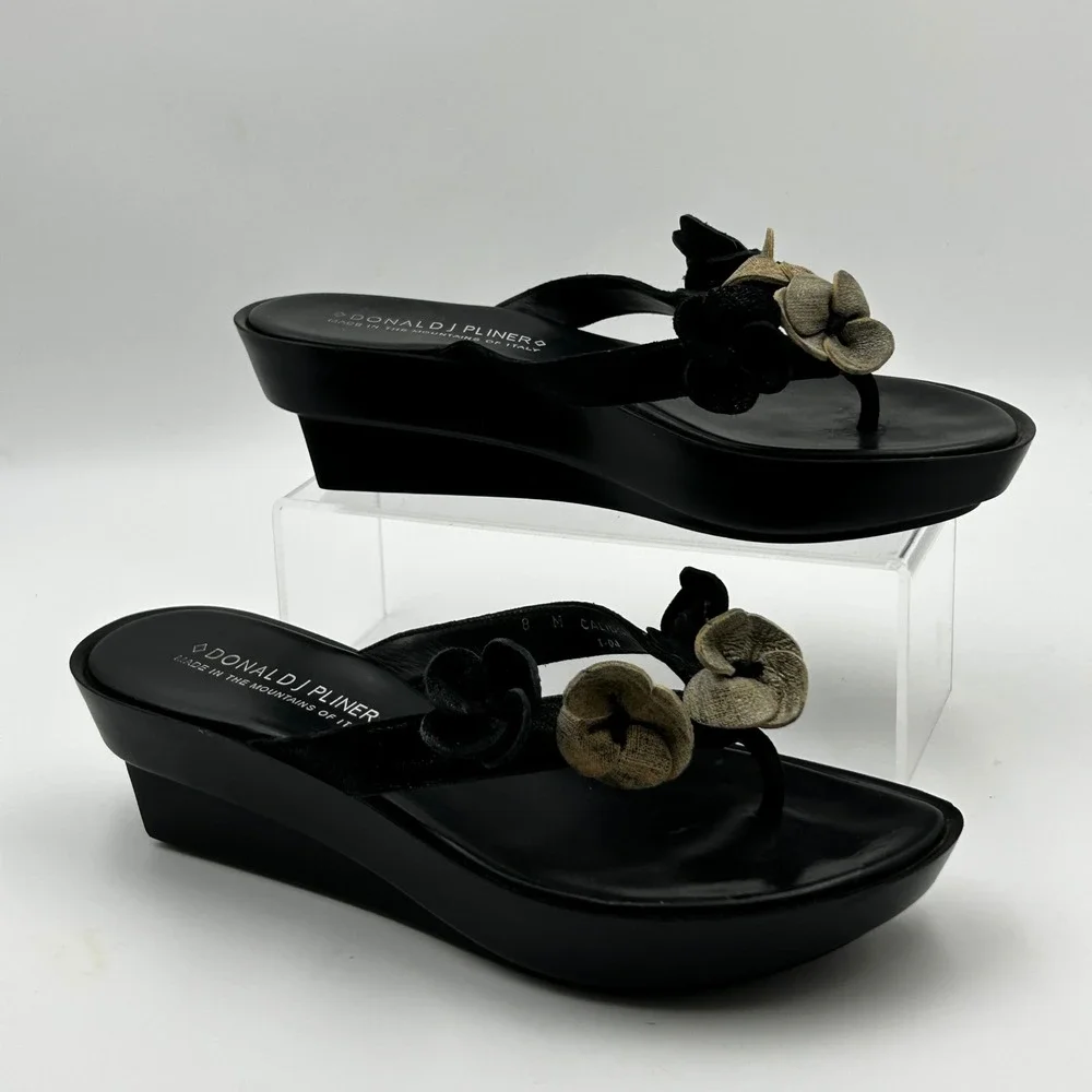 Donald J Pliner Calido Sandals Womens 8 Black Floral Wedge Platform Y2K Italy‎